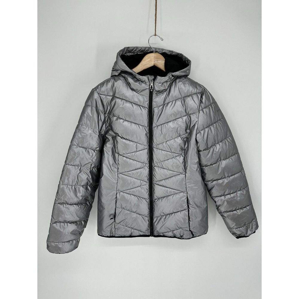 Spyder Women's Alyce‎ Short Puffer Jacket Metallic Silver Size Medium Hooded